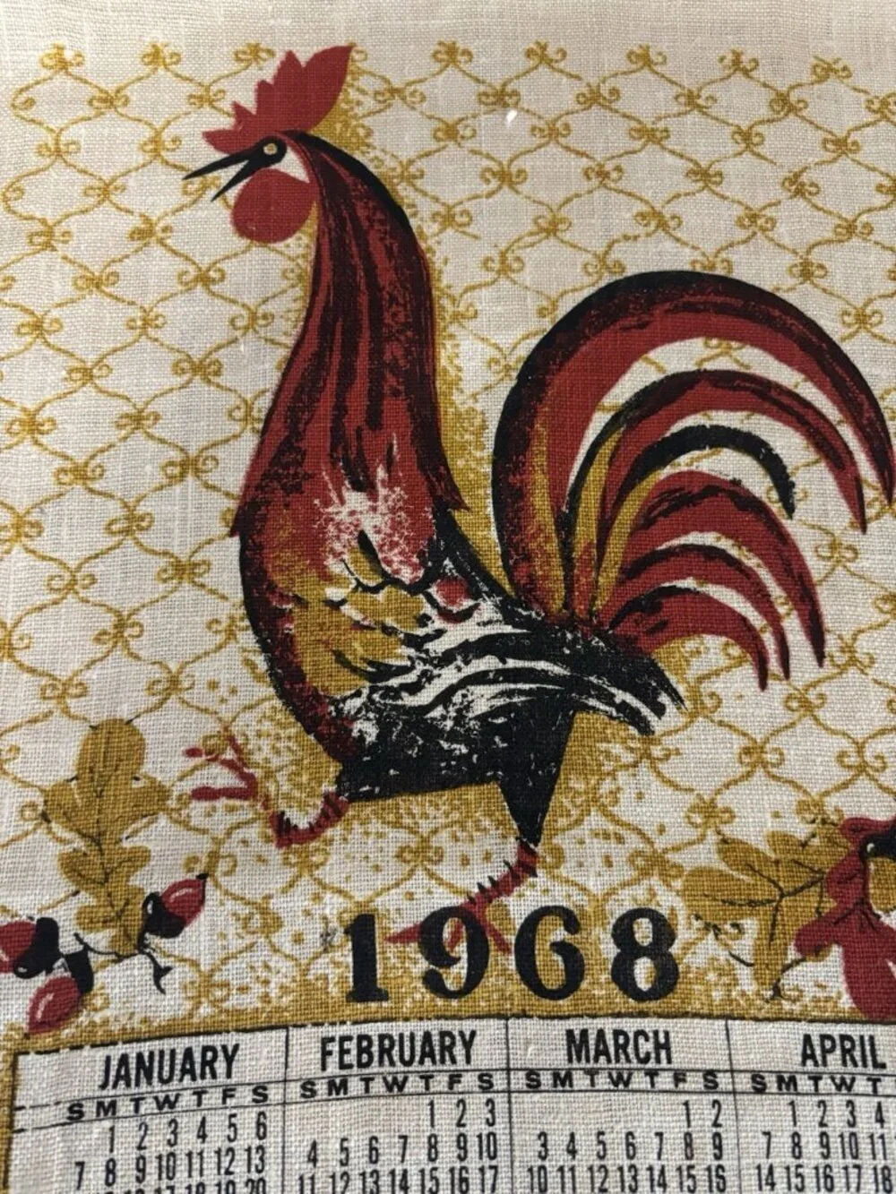 1968 Vintage MCM Linen Calendar Tea Towel Wall Hanging ROOSTER Chicken